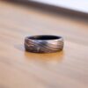 Handcrafted Damascus Steel Ring Dark Wooden Inlay Elegant Wood Wedding Bands Couples Promise Ring