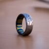 Damascus Ring Flat Shape Promise Ring Green & Skin Wood Sleeve Promise Ring - Image 6
